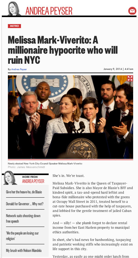 Andrea Peyser, NY Post: Melissa Mark-Viverito: A millionaire hypocrite who will ruin NYC